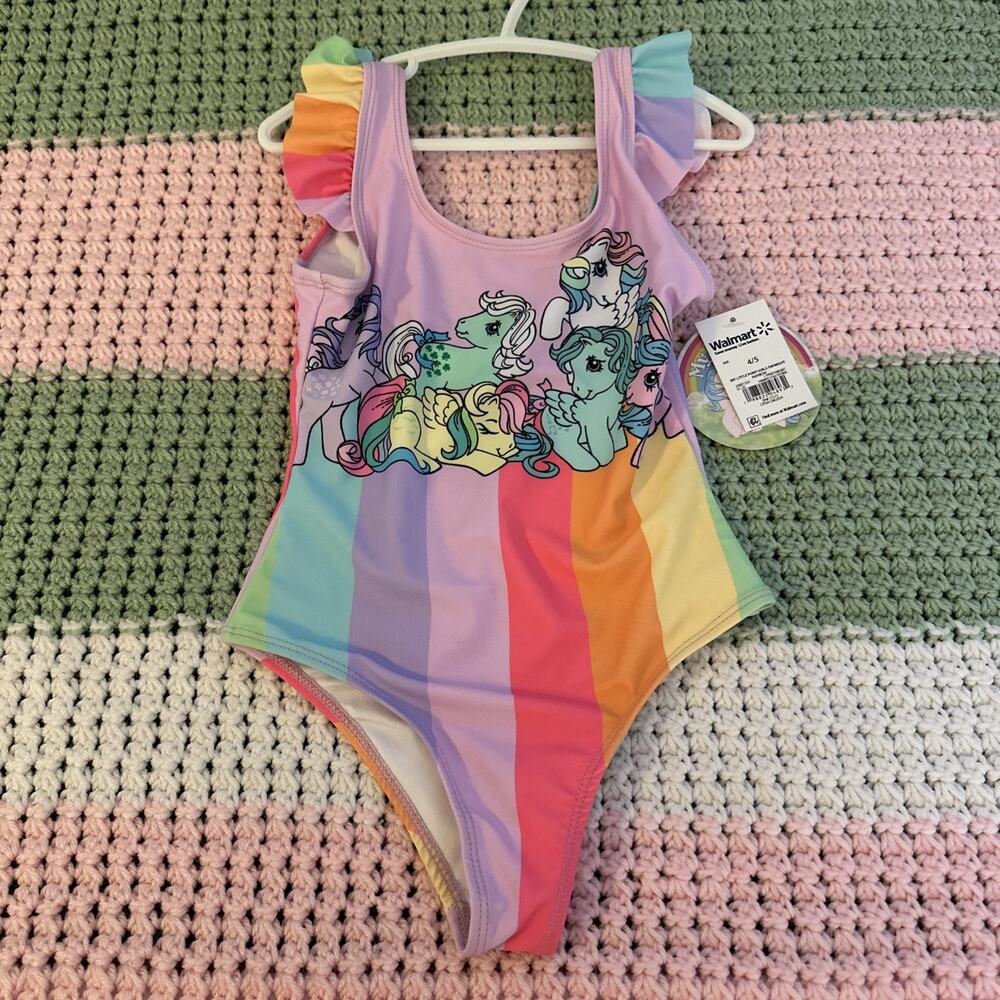 My Little Pony Girl One Piece Swim Suit Bathing 4/5 New With Retro Ponies Stripe